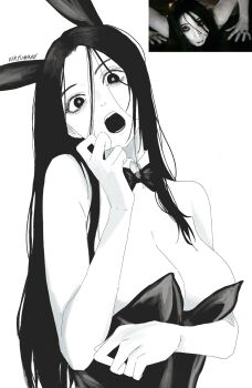 1girl arm_under_breasts bow bowtie breasts commentary detached_collar greyscale hair_between_eyes head_tilt highres large_breasts leotard monochrome open_mouth photo_inset playboy_bunny saeki_kayako signature solo strapless strapless_leotard the_grudge traditional_bowtie undersized_breast_cup upper_body virtuware