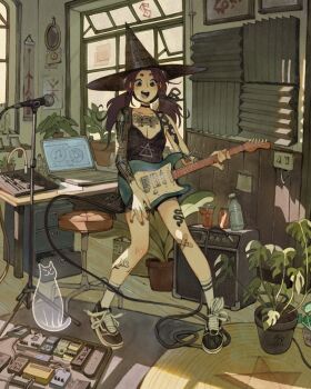 1girl amplifier arm_tattoo artist_logo bandaid bandaid_on_leg black_choker black_eyes black_shirt black_shoes bottle breasts brown_hair cable can cat chest_tattoo choker cleavage commentary computer cup day desk drink_can effects_pedal electric_guitar english_commentary full_body ghost guitar guitar_strap hat highres holding holding_guitar holding_instrument indoors instrument laptop leg_tattoo logo long_hair microphone microphone_stand open_mouth open_window original pedal_board plant playing_guitar playing_instrument potted_plant runes running shirt shoes simz slice_of_life snake_tattoo sneakers socks soda_can solo soundboard spaghetti_strap stool sunlight tattoo tattoo_sleeve teeth twintails upper_teeth_only water_bottle white_socks wide-eyed window witch_hat wooden_floor