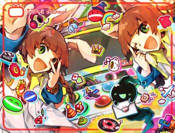 2girls aircraft airplane arcade_cabinet arm_up bemani braid brown_hair coat commentary_request crown gears gem green_eyes hat hatena_(pop&#039;n_music) headphones highres index_finger_raised mimi_(pop&#039;n_music) multiple_girls nyami_(pop&#039;n_music) open_mouth party_hat pechka pop&#039;n_music rainbow sword vinyl_record weapon white_coat