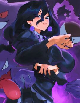 1girl alternate_breast_size_(larger) black_corset black_dress black_hair breasts claws closed_mouth colored_sclera corset dress earrings gastly gen_1_pokemon gengar ghost hair_between_eyes haunter hex_maniac_(pokemon) hex_maniac_(pokemon_legends:_z-a) highres hirosenpai jewelry juliet_sleeves large_breasts long_hair long_sleeves looking_at_viewer neck_ribbon nintendo open_mouth pokemon pokemon_(creature) pokemon_legends:_z-a puffy_sleeves purple_eyes purple_ribbon red_sclera ribbon smile teeth tongue tongue_out