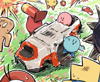 :d alternate_color anger_vein cappy_(kirby) commentary_request crackler_(kirby) explosion fleeing gordo hanging highres kirby kirby_(series) kirby_air_ride kirby_air_riders motion_lines nintendo no_humans open_mouth smile starman_(kirby) sweat throwing triangle_mouth trident_(apex_legends) waddle_doo yukitake_(xuserpost) |_|