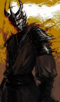 absurdres character_request cowboy_shot highres japanese_clothes kyezzzz long_hair mask oni_mask painting_(medium) shoulder_pads traditional_media tusks white_hair