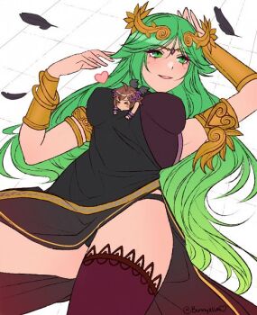 &gt;3&lt; 1boy 1girl ahoge alternate_color arm_behind_head black_panties breasts bunnyxlia chibi circlet feathers green_eyes green_hair heart kid_icarus kid_icarus_uprising long_hair lying nintendo palutena panties person_between_breasts pit_(kid_icarus) player_2 red_thighhighs source_request super_smash_bros. thighhighs twitter_username underwear vambraces very_long_hair