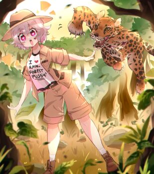 Rule 34 | 1girl, absurdres, animal, attack, buddy (b.u.d.d.i.e.s), clothes writing, clueless, cutenikechan, hat, heart, heart-shaped pupils, highres, incoming attack, jacket, jungle, knees, leopard, nature, open clothes, open jacket, original, pink eyes, rainforest, scar, scar on face, short hair, sparkle, symbol-shaped pupils, white hair