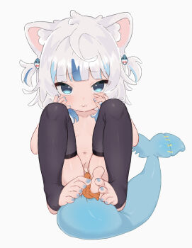 1girl animal_ear_fluff animal_ears black_thighhighs blue_eyes blue_hair blue_nails blush bottomless c0521 convenient_censoring feet fins fish_tail flat_chest fokkahim7 gawr_gura grey_hair hair_ornament highres holding_with_feet hololive hololive_english knees_up leaning_back loli looking_at_viewer multicolored_hair nail_polish navel shark_girl shark_tail shrimp simulated_footjob sitting stirrup_legwear streaked_hair tail thighhighs toeless_legwear toenail_polish toenails toes topless_female virtual_youtuber