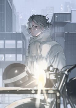 18trip 1boy 22kolink absurdres blurry blurry_foreground bokeh building cityscape commentary depth_of_field grey_eyes grey_hair grey_sky hachinoya_nagi hair_between_eyes half_updo helmet highres holding holding_unworn_helmet jacket long_sleeves looking_ahead male_focus medium_hair motor_vehicle motorcycle outdoors parted_lips scarf sky skyline snowing solo symbol-only_commentary unworn_headwear unworn_helmet upper_body white_scarf