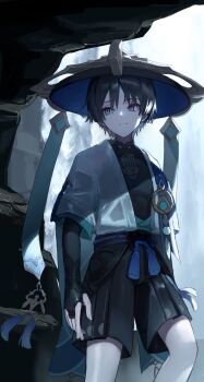 Rule 34 | 1boy, absurdres, armor, black hair, cave, closed mouth, commentary, es-ther, genshin impact, hair between eyes, hat, highres, japanese armor, japanese clothes, jingasa, kote, kurokote, male focus, purple eyes, scaramouche (genshin impact), see-through clothes, solo, tassel, vision (genshin impact), wanderer (genshin impact), water, waterfall, wet, wet clothes