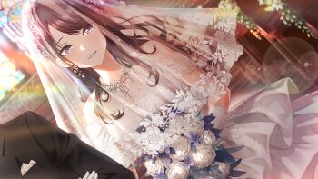 black_hair bouquet bridal_veil church dress earrings flower game_cg gloves grey_eyes idolmaster idolmaster_shiny_colors idolmaster_shiny_colors_song_for_prism jewelry kazano_hiori official_art smile stained_glass veil wedding_dress white_gloves