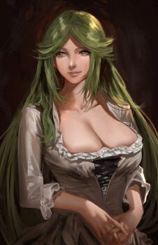 1girl bad_id bad_twitter_id breasts cleavage dress frilled_dress frills green_hair grey_eyes highres j@ck kid_icarus kid_icarus_uprising large_breasts long_hair looking_to_the_side nintendo palutena parted_bangs sidelocks upper_body