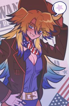 Rule 34 | 1girl, american flag, american flag print, animal ears, bandana, bandana around neck, belt, black jacket, blonde hair, blue eyes, blue hair, blue shirt, breasts, cleavage, cowboy hat, flag print, gloves, grin, hat, highres, horse ears, horse girl, jacket, large breasts, long hair, looking at viewer, multicolored hair, obey your master (umamusume), open clothes, open jacket, open mouth, shirt, smile, solo, speech bubble, star-shaped pupils, star (symbol), symbol-shaped pupils, teeth, two-tone hair, umamusume, umamusume: cinderella gray, wanted poster, white belt, white gloves, youareddong1134