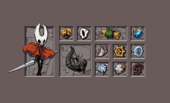 1girl 94l1 arthropod_girl beads black_eyes black_skin broken_mask cloak colored_skin everbloom_(hollow_knight) full_body grey_background harp highres holding holding_weapon hollow_eyes hollow_knight hollow_knight:_silksong horned_mask hornet_(hollow_knight) horns instrument map_(object) mask needle_(hollow_knight) pixel_art red_cloak rosary solo standing weapon white_mask