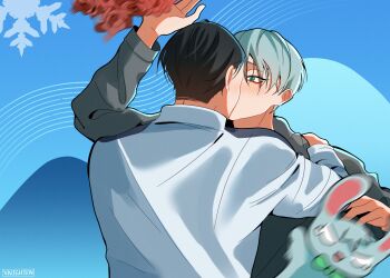 Rule 34 | 2boys, alien stage, artist name, black hair, black shirt, blue background, blush, commentary, english commentary, english text, flower, green eyes, grey hair, highres, ivan (alien stage), jacket, kiss, male focus, multiple boys, red flower, red rose, rose, shirt, short hair, surprise kiss, surprised, till (alien stage), turtleneck, turtleneck shirt, very short hair, white jacket, xnighten, yaoi