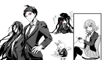 1girl 2boys :o ahoge alternate_costume blush bow brown_eyes chair chisomunnn collared_shirt controller danganronpa_(series) danganronpa_2:_goodbye_despair ear_bow flipped_hair formal_clothes game_controller greyscale heterochromia highres hinata_hajime holding holding_controller jacket long_hair miniskirt monochrome multiple_boys nanami_chiaki neck_ribbon necktie pants pleated_skirt red_eyes ribbon shirt simple_background sitting skirt spot_color thighhighs usami_(danganronpa) white_background wings