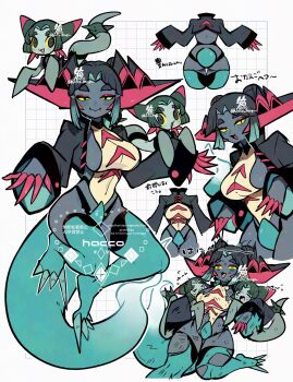 3girls ass blue_tail blue_thighhighs chevron_(symbol) claws colored_sclera colored_skin colored_tips cropped_jacket dark_skin dragapult dreepy eyeshadow floating gen_8_pokemon green_skin grey_skin hacco_mayu highres humanization long_sleeves looking_at_viewer makeup multicolored_hair multiple_girls nintendo on_head open_mouth pokemon red_eyeshadow short_hair smile tail thighhighs yellow_sclera