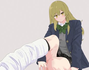 1girl :/ absurdres alternate_costume black_skirt blonde_hair blue_jacket blush bow bowtie braid commentary_request contemporary doubutsu_koujou feet_out_of_frame green_bow green_bowtie grey_sweater_vest head_tilt highres invisible_chair jacket kirisame_marisa leg_up long_hair looking_at_viewer loose_socks simple_background single_braid sitting skirt socks solo straight_hair sweater_vest touhou white_socks