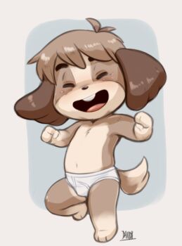 1boy animal_crossing animal_ears artist_name barefoot buck_teeth bulge closed_eyes commentary_request dandi digby_(animal_crossing) dog_boy dog_ears dog_tail facing_viewer freckles furry furry_male male_focus male_underwear navel nintendo no_pants open_mouth shota smile tail teeth topless_male underwear white_male_underwear