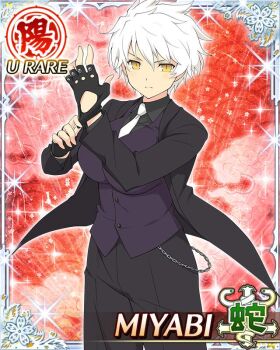 1girl arms_up black_gloves black_jacket black_pants black_shirt border breasts card_(medium) character_name closed_mouth fingerless_gloves game_cg gloves jacket large_breasts light_frown looking_at_viewer miyabi_(senran_kagura) necktie official_art open_clothes open_jacket pants purple_vest senran_kagura senran_kagura_new_wave shirt short_hair slit_pupils solo third-party_source vest wallet_chain white_hair white_necktie yellow_eyes