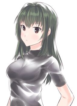 Rule 34 | 1girl, breasts, brown shirt, commentary request, green hair, highres, juujou kagari, long hair, looking at viewer, mashitono desu, medium breasts, parted lips, red eyes, shirt, short sleeves, sidelocks, simple background, sketch, solo, standing, toji no miko, upper body, white background