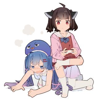 2girls ahoge all_fours ascot blue_bow blue_dress blue_eyes blue_hair blue_hat blunt_bangs blush bow bowtie brown_hair cardigan casual commentary_request controller dress eel_hat full_body game_controller gradient_hair hair_ornament hair_ribbon hairclip hat headgear highres holding holding_controller holding_game_controller human_chair human_furniture jitome large_hat long_hair long_sleeves looking_at_viewer multicolored_hair multiple_girls nimingduz official_alternate_costume open_mouth otomachi_una pantyhose pink_cardigan pink_ribbon puffy_long_sleeves puffy_sleeves punishment_game purple_hair red_dress red_eyes ribbon sailor_collar simple_background sitting sitting_on_person sleeveless sleeveless_dress smile socks sweatdrop touhoku_kiritan twintails v-shaped_eyebrows vocaloid voiceroid white_ascot white_background white_pantyhose white_sailor_collar white_socks