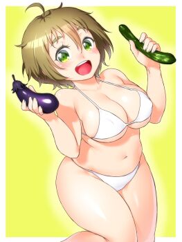 10s 1girl :d ahoge bikini blush breasts brown_hair cucumber eggplant female_focus green_eyes large_breasts nakazawa_minori navel no-rin onsoku_inu open_mouth plump short_hair smile solo swimsuit underboob white_bikini