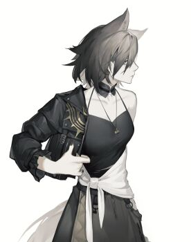 1girl akechi_(826988799) animal_ears arknights arm_out_of_sleeve black_camisole black_jacket black_nails breasts camisole closed_mouth clothing_cutout collarbone cowboy_shot detached_collar expressionless facing_to_the_side grey_hair grey_skirt halterneck hashtag-only_commentary highres hip_vent jacket jewelry long_hair long_sleeves looking_at_viewer medium_breasts nail_polish necklace official_alternate_costume penance_(ambience_synesthesia)_(arknights) penance_(arknights) shirt simple_background single_bare_shoulder skirt solo tail torn_clothes torn_shirt white_background wolf_ears wolf_girl wolf_tail
