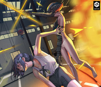 2girls apron artist_name baeksen black_apron black_choker black_gloves black_ribbon black_shorts blue_hair bomb_devil_(chainsaw_man) breasts building chainsaw_man choker city dynamite elbow_gloves explosive gloves hair_bun highres medium_breasts multiple_girls neck_ribbon night object_head outdoors panties reze_(chainsaw_man) ribbon shirt shirt_tucked_in shorts sleeveless sleeveless_shirt underwear white_panties
