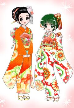 2girls :d azukiarai_(guruguru_medaman) black_hair brown_eyes coin_purse commentary_request floral_print floral_print_kimono flower full_body furisode green_eyes green_hair green_sash guruguru_medaman hair_bun hair_flower hair_ornament hand_up holding japanese_clothes kanzashi kimono looking_at_viewer multiple_girls obiage obijime okano_takeshi open_mouth pinching_sleeves pink_flower print_kimono red_flower red_kimono red_sash sandals sash short_hair smile socks standing tabi takasaka_mami tassel tsumami_kanzashi v_arms white_socks wide_sleeves zouri