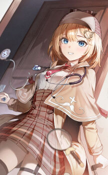1girl :d absurdres black_thighhighs blonde_hair blue_eyes brown_capelet brown_hat brown_skirt capelet chinese_commentary collared_shirt commentary_request cowboy_shot door grin hair_ornament hat high-waist_skirt highres hololive hololive_english light_particles long_sleeves looking_at_viewer magnifying_glass necktie oeuia open_mouth plaid_clothes plaid_skirt pocket_watch red_necktie shirt short_hair skirt smile solo standing stethoscope stethoscope_around_neck thighhighs virtual_youtuber watch watson_amelia watson_amelia_(1st_costume) white_shirt