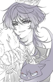 Rule 34 | 1boy, alternate costume, animalization, ascot, bishounen, blunt ends, cat, crown, earrings, eyelashes, eyeliner, fang, fingernails, formal clothes, frilled sleeves, frills, fur shawl, genshin impact, hacwss, hand up, heart, highres, jewelry, lapels, lightning, long sleeves, looking at viewer, makeup, male focus, muted color, person and animalization, portrait, purple cat, purple eyes, purple hair, red eyeliner, red pupils, scaramouche (cat) (genshin impact), scaramouche (genshin impact), shawl, shirt, smirk, solo, tsurime, undershirt, vest, white ascot, white background, white shirt, wing collar