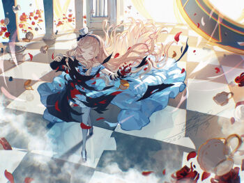 Rule 34 | 1girl, alice (arcaea), alice (minuet) (arcaea), arcaea, ballroom dancing, black hairband, black shoes, blue dress, checkered floor, closed eyes, closed mouth, commentary, cup, dated, dress, earrings, english commentary, floating hair, flower earrings, full body, hairband, hat, high heels, highres, jewelry, long hair, mini hat, mini top hat, off-shoulder dress, off shoulder, pantyhose, petals, pocket watch, red petals, ryuh (asahina neru), shoes, signature, solo, standing, teacup, teapot, tile floor, tiles, top hat, torn clothes, very long hair, watch, white hat, white pantyhose