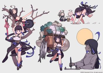 3girls arche_a._pleides backpack bag black_hair breasts calligraphy_brush cleaning fish full_body full_moon hair_bun highres kuroboshi_kouhaku large_breasts long_hair momiji_mizumura_gentosai moon multicolored_hair multiple_girls navel official_art okobo paintbrush platform_sandals purple_eyes purple_hair sandals strong tsurugihime two-tone_hair very_long_hair