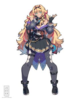 1girl ahoge bare_shoulders black_gloves blonde_hair blue_eyes breasts cleavage fingerless_gloves full_body gloves grin hairband highres jesternalagon large_breasts long_hair looking_at_viewer multicolored_hair original pantyhose simple_background skirt smile solo streaked_hair very_long_hair white_background