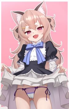 1girl absurdres animal_ear_fluff animal_ears black_dress bow cameltoe chenki_(chenki) clothes_lift dress dress_lift fang gluteal_fold highres komachi_panko layered_sleeves lifting_own_clothes long_hair long_sleeves looking_at_viewer open_mouth panties phase_connect pink_background puffy_sleeves short_over_long_sleeves short_sleeves side-tie_panties smile solo underwear white_panties