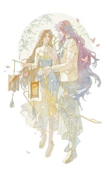 1boy 1girl blue_dress breasts brown_hair bug butterfly chaoxibumian dress earrings full_body hand_on_own_chest highres holding holding_lantern insect jacket jewelry lantern long_hair looking_at_viewer love_and_deepspace medium_breasts official_alternate_hair_length official_alternate_hairstyle open_mouth parted_bangs protagonist_(love_and_deepspace) purple_hair rafayel_(love_and_deepspace) sandals shoes smile wavy_hair white_jacket white_sleeves