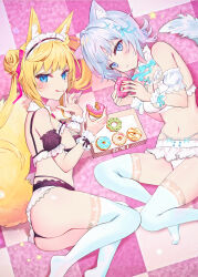 Rule 34 | 2girls, animal ears, aqua eyes, bare shoulders, black panties, blonde hair, blue eyes, blush, breasts, detached collar, detached sleeves, doughnut, eating, food, fox ears, fox girl, fox tail, frills, hair ornament, hairband, hairclip, highres, holding, holding food, long hair, looking at viewer, lying, medium breasts, multiple girls, navel, omelet tomato, original, panties, short hair, smile, tail, thighhighs, tongue, tongue out, underwear, white panties, white thighhighs