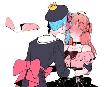 2girls absurdres after_kiss ahoge back_bow bell black_collar black_gloves black_hat black_shirt black_skirt blue_hair bow collar commentary_request cylinder_v fingerless_gloves gloves hat highres hololive hoshimachi_suisei long_hair multiple_girls neck_bell off-shoulder_shirt off_shoulder pink_bow pink_hair pink_shirt sakura_miko saliva saliva_trail shirt simple_background skirt tongue tongue_out virtual_youtuber white_background yuri