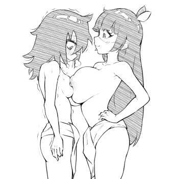 2girls breast_envy breast_press breasts drawfag embarrassed hair_ornament heavy_breathing kuroki_tomoko kuruminha leaf_hair_ornament loincloth long_hair looking_at_another multiple_girls nipples simple_background sketch smile trembling watashi_ga_motenai_no_wa_dou_kangaetemo_omaera_ga_warui! yuri