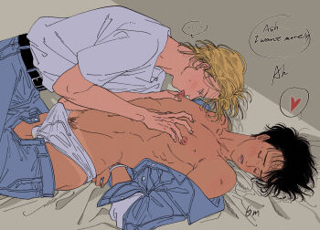 ... 2boys ash_lynx banana_fish belt bishounen black_hair blonde_hair boy_on_top bracelet bulge closed_eyes couple denim denim_jacket english_text erection erection_under_clothes flat_color grey_male_underwear grey_shirt happy_sex heart highres interracial jacket jeans jewelry koyasuyasuko12 licking licking_nipple male_focus male_pubic_hair male_underwear moaning multiple_boys muscular muscular_male nipple_stimulation okumura_eiji open_clothes open_fly open_jacket open_mouth pants pubic_hair shirt short_hair speech_bubble spoken_heart t-shirt tan tanline unbuttoned underwear yaoi