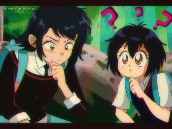 2girls ? age_difference backpack bag black_hair black_necktie black_sweater_vest breasts brenni_murasaki brown_eyes clip_studio_paint_(medium) clone green_bag hair_ornament hairclip hand_on_own_chin learning_to_be_spider-man_(meme) long_sleeves looking_at_another looking_at_viewer looking_down looking_to_the_side marvel medium_hair meme multiple_girls necktie peni_parker scene_reference school_uniform shirt short_sleeves small_breasts spider-man:_across_the_spider-verse spider-man:_into_the_spider-verse spider-man_(series) spider-verse squatting sweater_vest thinking white_shirt