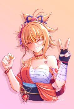 1girl ^_^ bandages black_sash blonde_hair breasts chest_sarashi choker cleavage closed_eyes commentary_request cropped_torso drop_shadow facing_viewer genshin_impact gradient_background grin hands_up highres holding japanese_clothes kimono obi orange_background orange_kimono pink_background red_choker safhier sarashi sash short_hair single_bare_shoulder smile solo upper_body v wrist_wrap yoimiya_(genshin_impact)