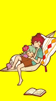 1boy 1girl alternate_costume aqua_hair aqua_shirt bad_id bad_pixiv_id barefoot blush_stickers book brown_shorts charles_perrault_(grimms_notes) closed_eyes closed_mouth flower full_body grimms_notes hair_between_eyes hair_flower hair_ornament highres long_hair misoshiru_umai4 open_book open_clothes open_shirt parted_lips pillow princess_aurora_(grimms_notes) red_flower red_hair shirt shorts simple_background sitting sleeping smile yellow_background