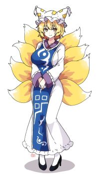 1girl animal_ears blonde_hair blue_tabard blush breasts dress fox_ears fox_tail hat large_breasts long_sleeves mob_cap multiple_tails pioartstuff short_hair smile solo tabard tail touhou yakumo_ran yellow_eyes