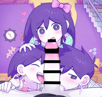 1girl 3boys :p aubrey_(headspace)_(omori) aubrey_(omori) bar_censor bisexual_male black_shirt bow bright_pupils censored checkered_clothes clock closed_eyes colored_skin cooperative_fellatio erection fellatio flying_sweatdrops hair_between_eyes hair_bow heart hero_(headspace)_(omori) hero_(omori) kel_(headspace)_(omori) kel_(omori) licking licking_penis loli long_hair mixed_harem multiple_boys omori omori_(omori) oral pajamas penis pink_bow pov purple_eyes purple_hair shirt short_hair shota sidelocks sleeveless sleeveless_shirt smile stairs striped_clothes striped_pajamas teamwork_(sexual) testicle_sucking testicles tongue tongue_out vertical-striped_clothes vertical-striped_pajamas wall_clock white_pupils white_skin zonu_the_zombie