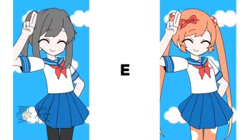 2girls ayano_aishi black_hair commentary_request long_hair looking_at_viewer mesmerizer_(vocaloid) multiple_girls open_mouth orange_eyes orange_hair osana_najimi_(yandere_simulator) parody ponytail school_uniform serafuku shirt skirt smile translation_request yandere_simulator yuu_sakura_urara