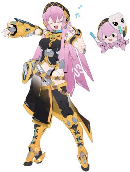 android ayuuuuuu beret black_headwear black_shirt black_skirt blush boots closed_eyes cropped_shirt detached_sleeves double_lariat_(vocaloid) fingerless_gloves frame_arms_girl gloves glowstick gradient_clothes gradient_skirt grey_gloves hat highres holding holding_glowstick mask mask_on_head mechanical_hair mechanization megurine_luka music musical_note navel open_hand open_hands open_mouth orange_boots parody penlight_(glowstick) pink_hair see-through_clothes see-through_skirt shirt singing single_detached_sleeve skirt smile solo_focus style_parody takoluka thigh_boots vocaloid