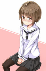 Rule 34 | 1girl, between legs, black neckerchief, black pantyhose, black shirt, blush, bob cut, breasts, brown eyes, brown hair, closed mouth, collarbone, commentary request, feet out of frame, hand between legs, kuresuku (lessons), light frown, long sleeves, looking to the side, miniskirt, neckerchief, nose blush, original, pantyhose, pink background, pleated skirt, sailor collar, school uniform, shirt, short hair, sidelocks, sideways glance, simple background, sitting, skirt, small breasts, solo, thick eyelashes, two-tone background, v arms, white background, white sailor collar, white shirt