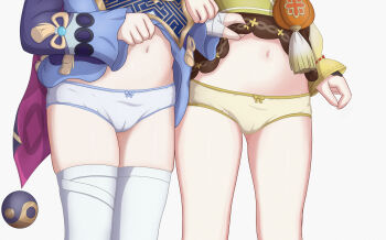 2girls absurdres azunyart black_skirt bow bow_panties cameltoe clothes_lift crotch_focus dress dress_shirt genshin_impact highres lifting_another's_clothes lifting_own_clothes loli long_sleeves multiple_girls navel panties purple_dress qiqi_(genshin_impact) shirt simple_background skirt skirt_lift standing thighhighs underwear white_background white_panties white_thighhighs yaoyao_(genshin_impact) yellow_panties yellow_shirt