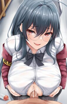 1boy 1girl absurdres ahoge armband azur_lane black_hair bow bowtie breasts cum cum_on_body cum_on_breasts cum_on_upper_body from_above glasses hetero highres jacket large_breasts long_hair looking_at_viewer official_alternate_costume paizuri pantyhose parted_lips penis red_eyes red_jacket renetan school_uniform shirt smile solo_focus taihou_(azur_lane) taihou_(sweet_time_after_school)_(azur_lane) very_long_hair white_shirt yellow_armband