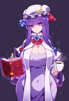 1girl ascot blue_bow blue_gemstone blue_ribbon book bow breasts capelet cleavage closed_mouth coffee covered_navel cowboy_shot crescent crescent_hat_ornament cup double_bun dress eyelashes fingernails gem hair_bow hair_bun hands_up hat hat_ornament hat_ribbon highres hime_cut holding holding_cup huge_breasts jewelry long_hair long_sleeves looking_at_viewer mob_cap open_book patchouli_knowledge pendant purple_background purple_dress purple_eyes purple_hair raptor7 red_ascot red_bow red_ribbon ribbon scarf sidelocks simple_background solo standing steam telekinesis touhou white_capelet white_hat white_scarf wide_sleeves