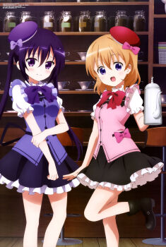 2girls absurdres adapted_costume blush bow coffee_pot cup disposable_cup dress embarrassed frilled_dress frills gochuumon_wa_usagi_desu_ka? hat highres hoto_cocoa multiple_girls official_art ogawa_akane open_mouth orange_hair purple_eyes purple_hair rabbit_house_uniform smile teacup tedeza_rize